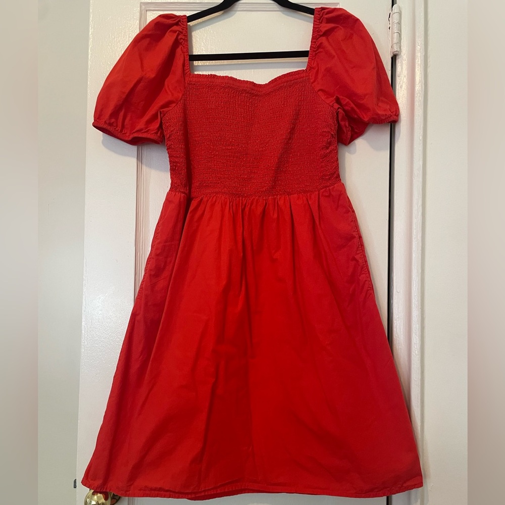 Loft red bubble sleeve mini dress with pockets